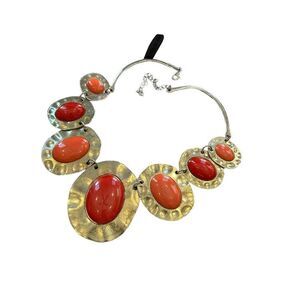 Vintage Ethnic Bohemian Rustic Lucite Oval Large Link Gold Tone Bib Necklace